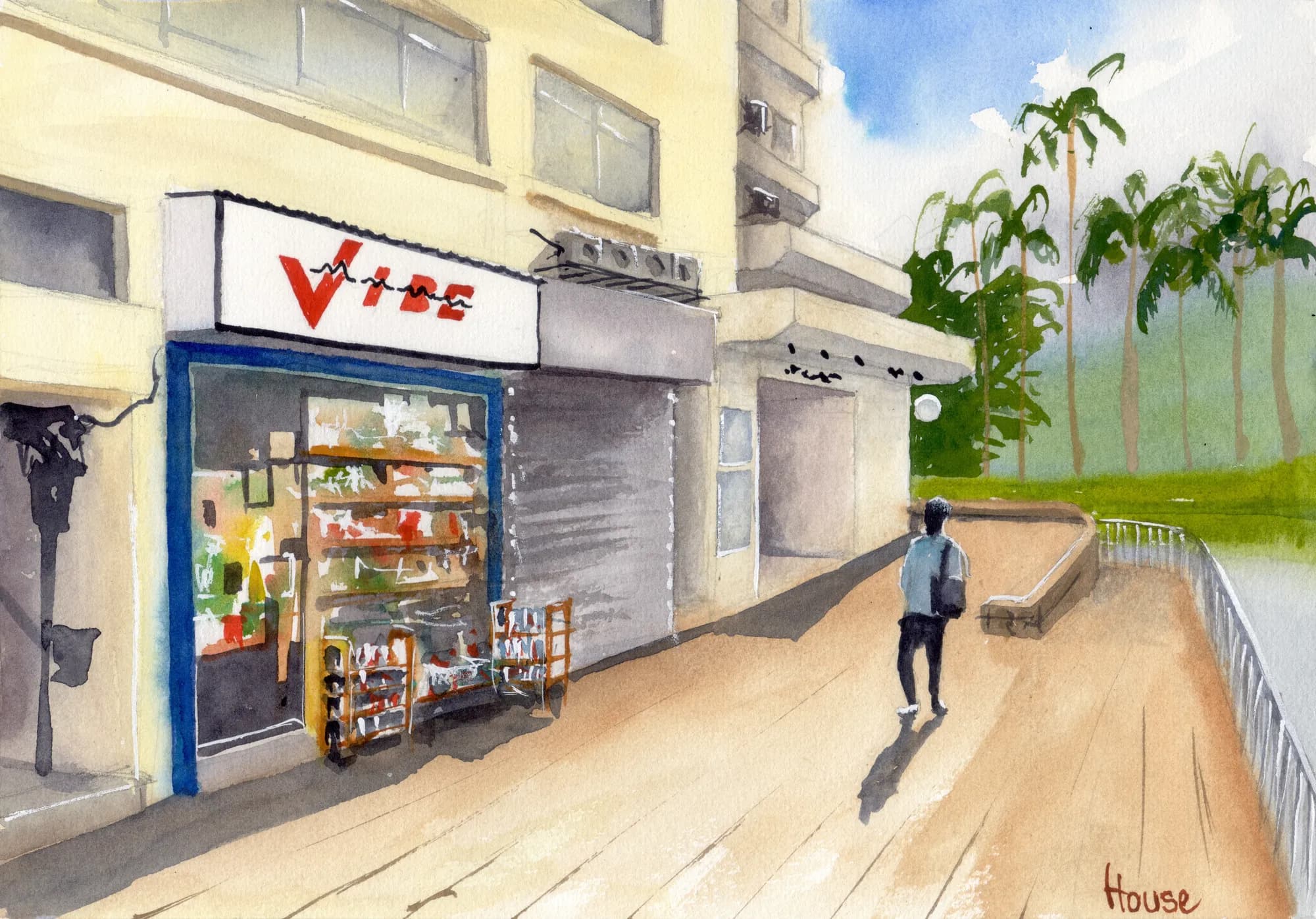 Watercolour of the VIBE shopfront on the Mui Wo waterfront by Steve House